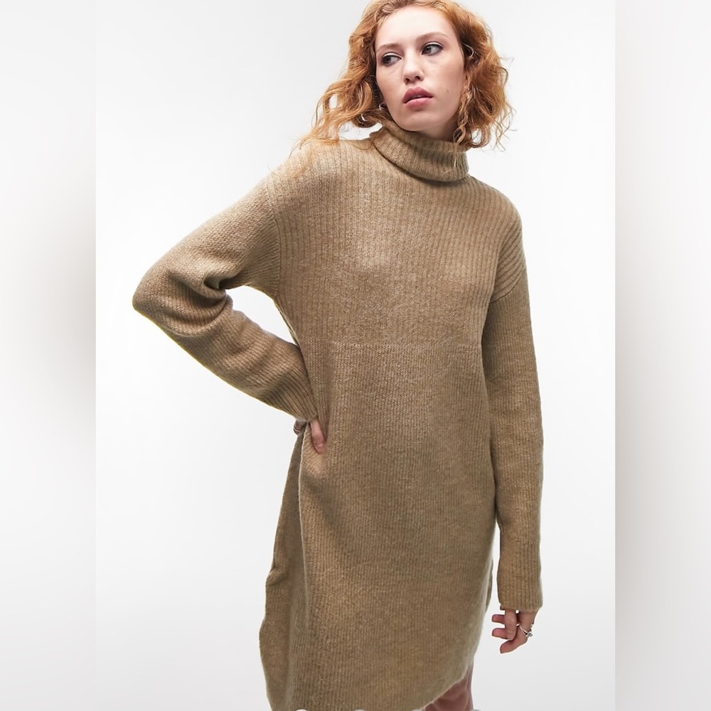 Topshop Knitted Rolled Neck Dress in Oat NWT
